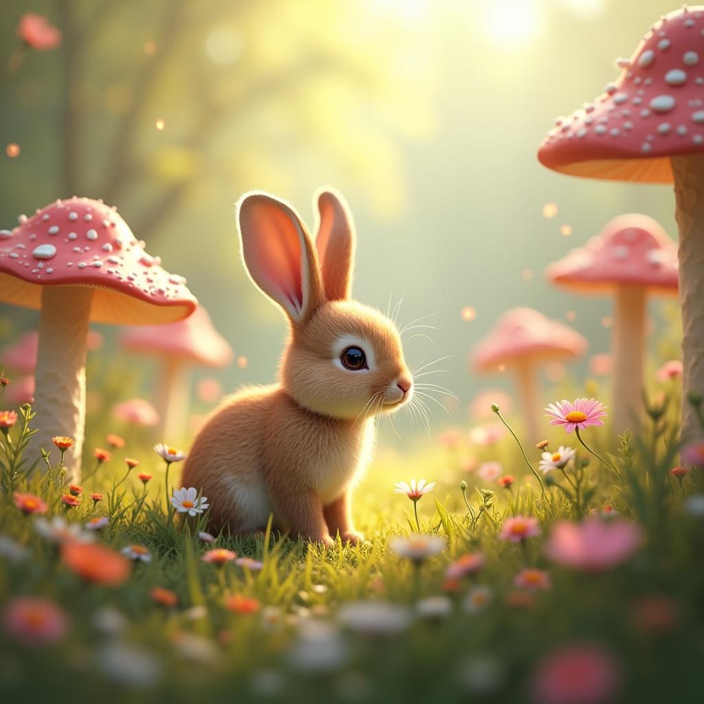 Whimsical Fantasy Bunny in Vibrant Meadow Landscape
