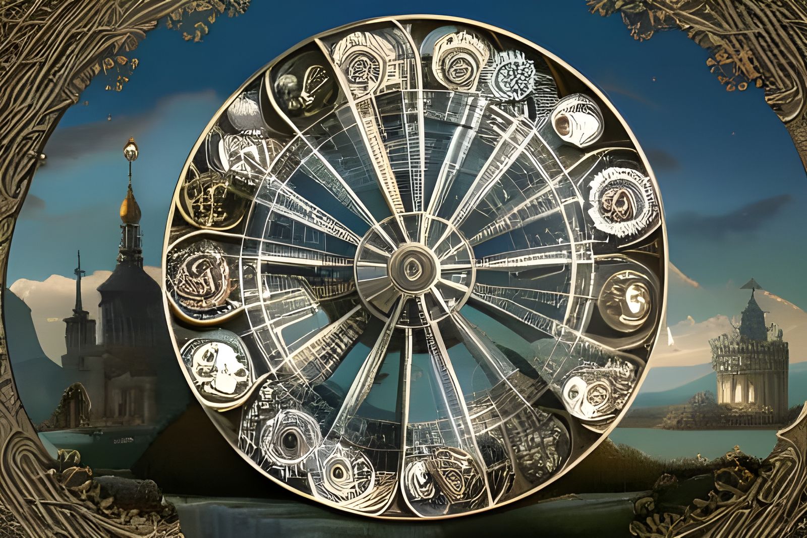 Ornate Wheel of Fortune Tarot Card in Pastoral Landscape