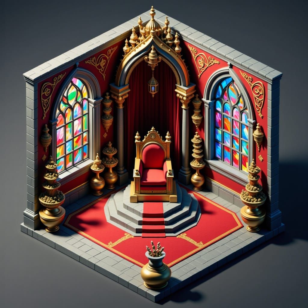Vibrant Baroque Throne Room Scene in Isometric Perspective