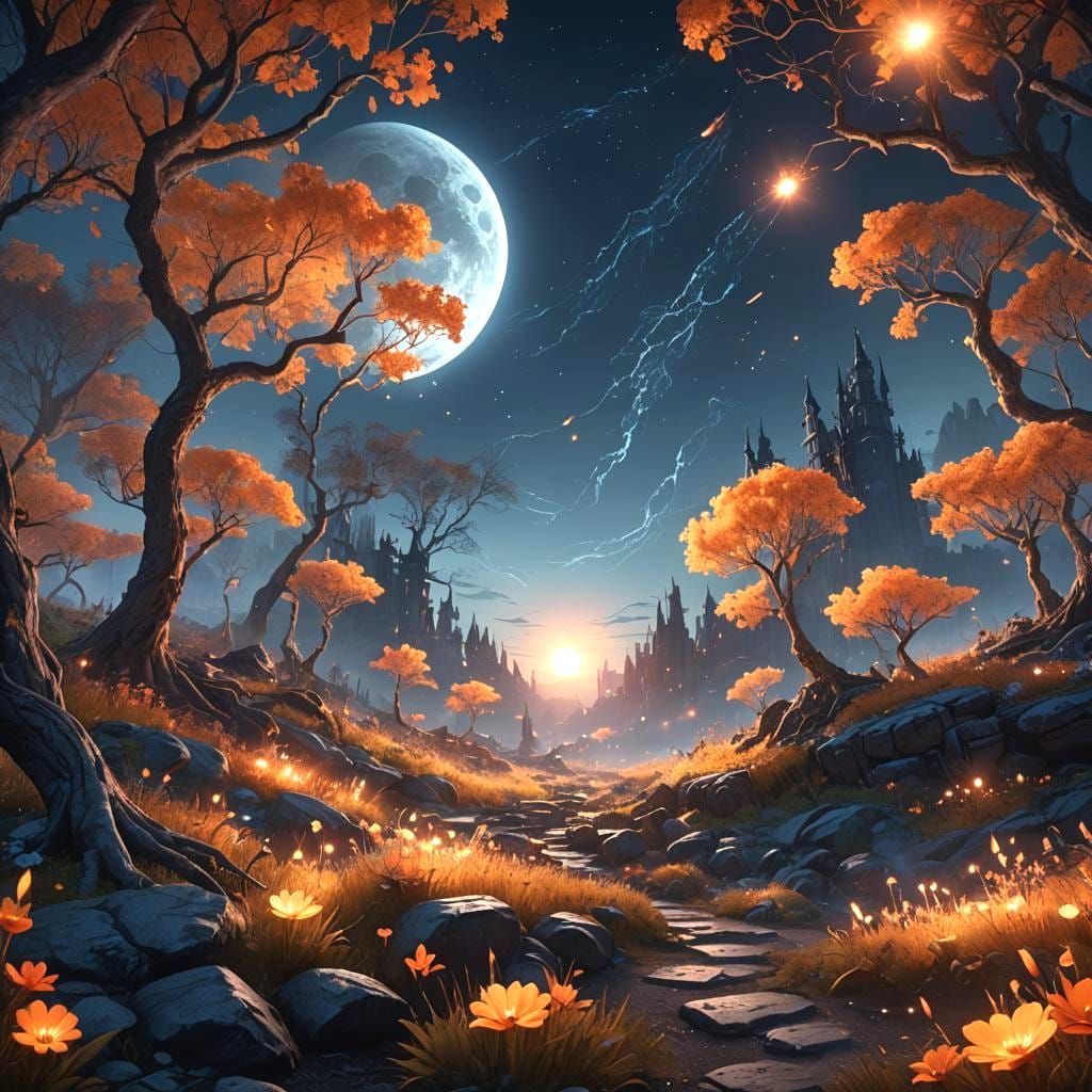 Surreal Evening Moon Glows with Vibrant Sparks