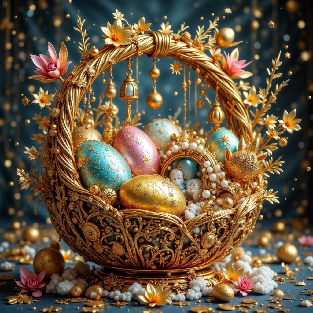 a beautiful decorated golden basket,