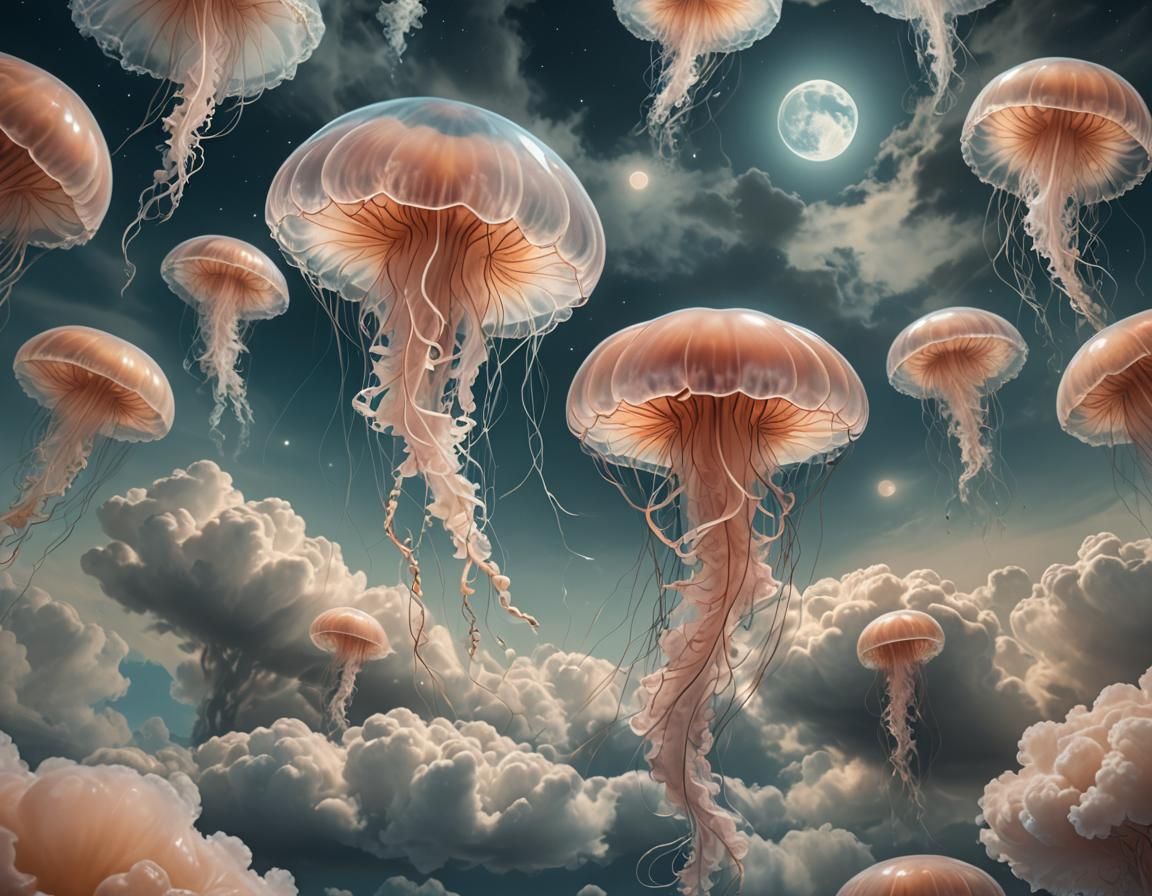 Surreal Jellyfish Ascends Celestial Realm in Soft Focus