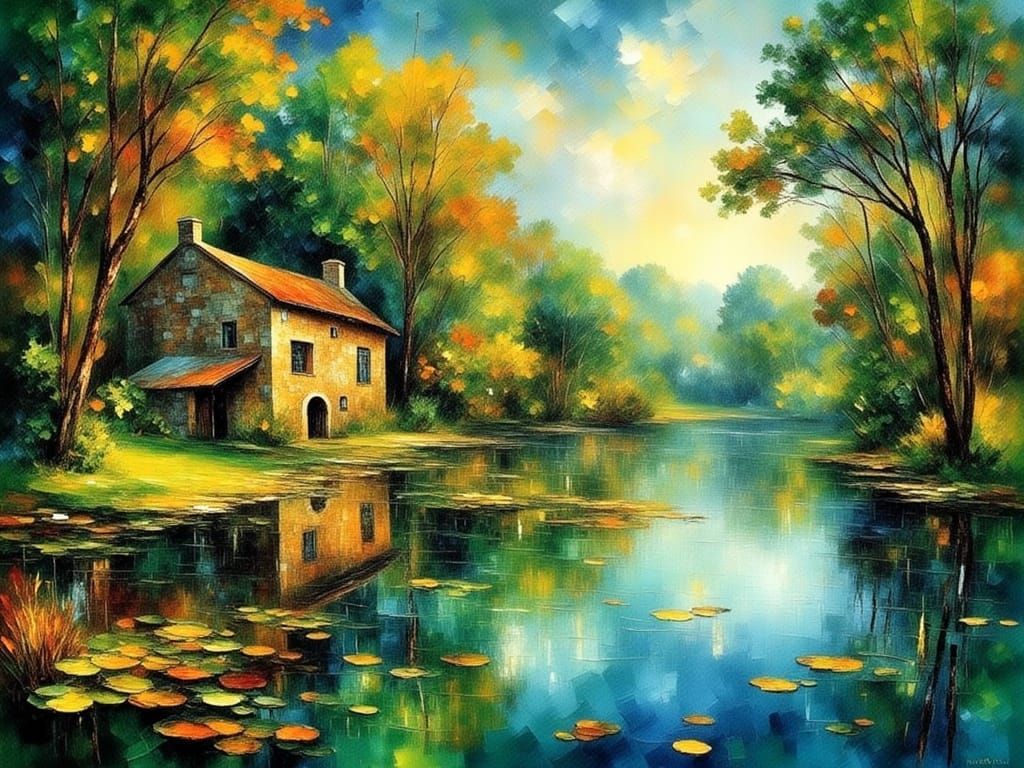 Tranquil Lake House Landscape in Painterly Style