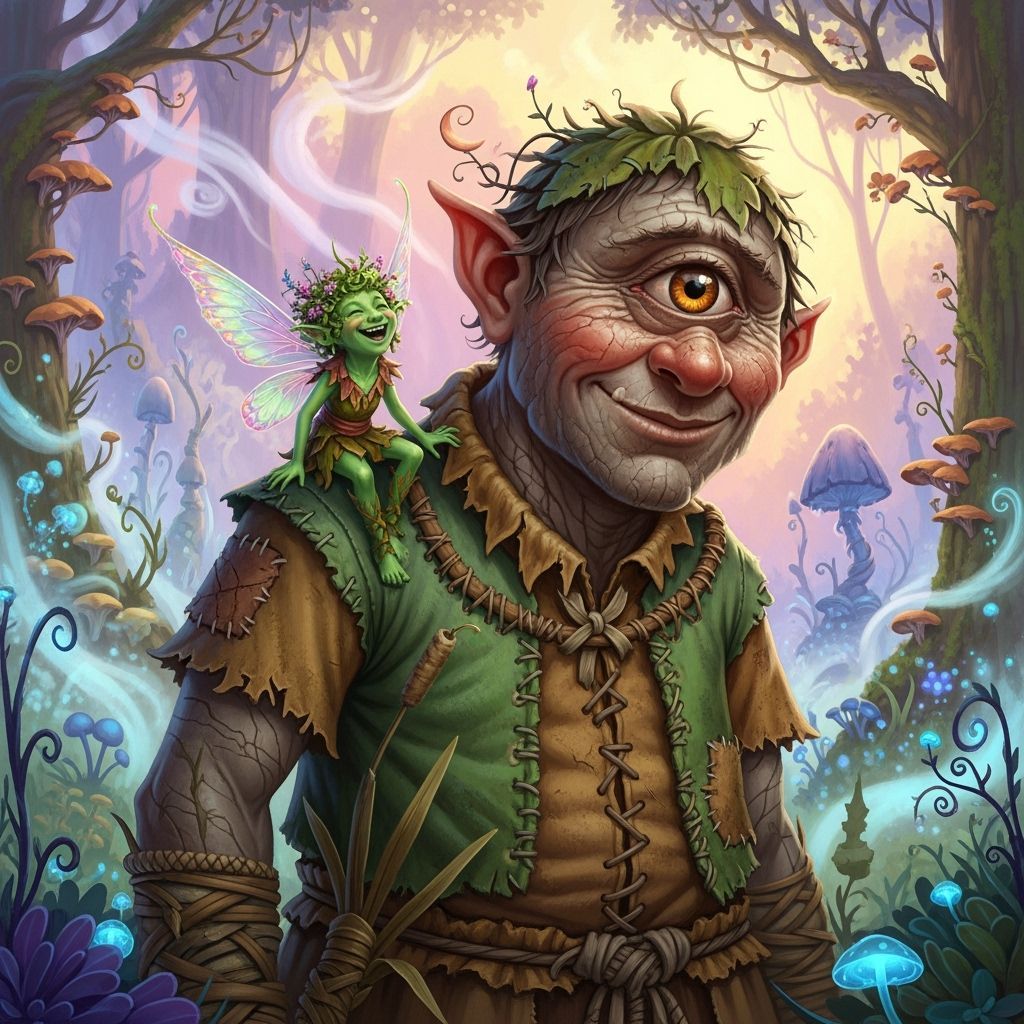 Gentle Giant and Fairy in Whimsical Forest