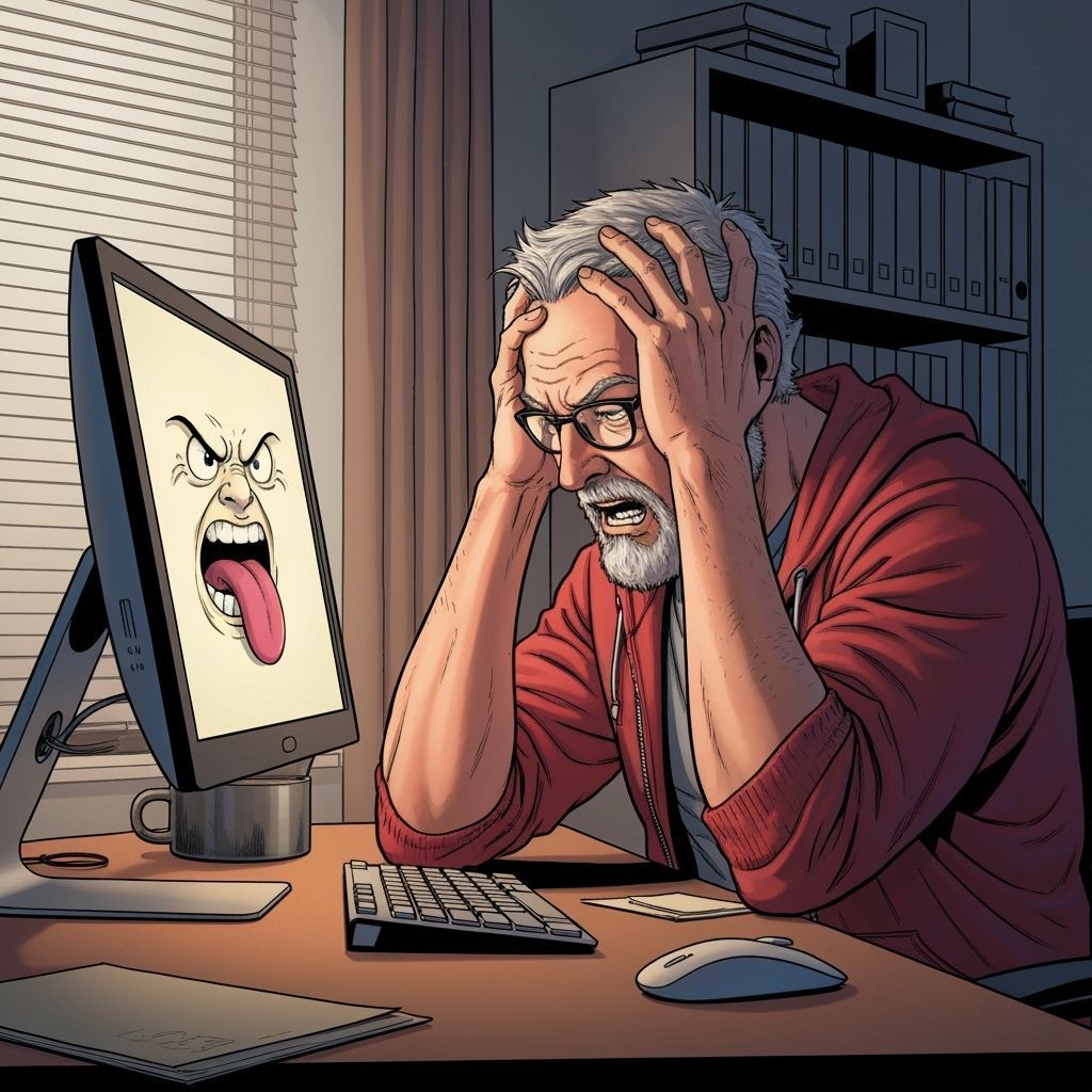 Frustrated Man Overwhelmed by Computer Glitch in Comic Style