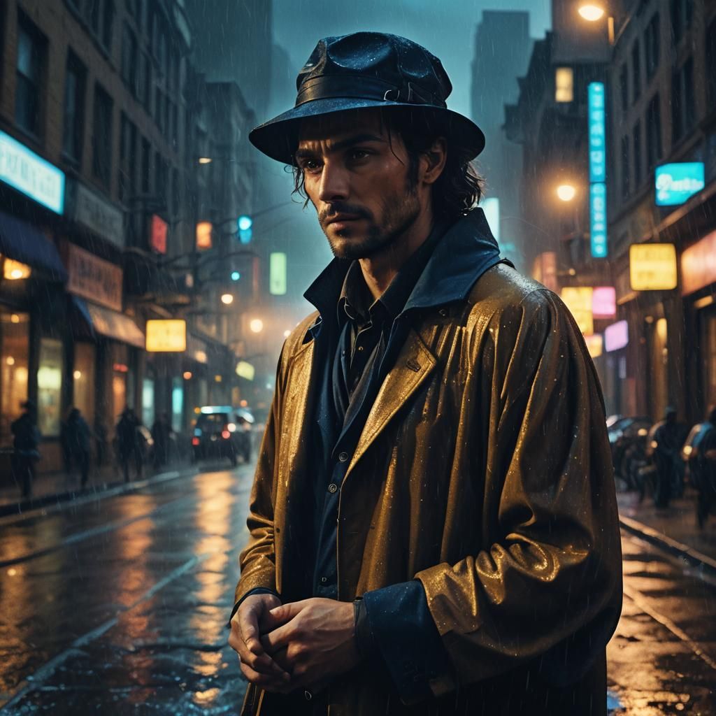 Confident Wizard in City Streets, Urban Fantasy Film Noir