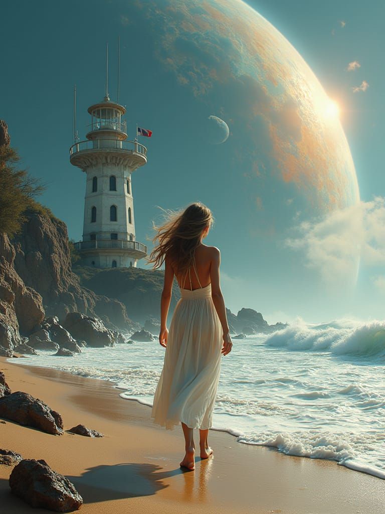 Girl Approaches Futuristic Lighthouse on Cosmic Beach