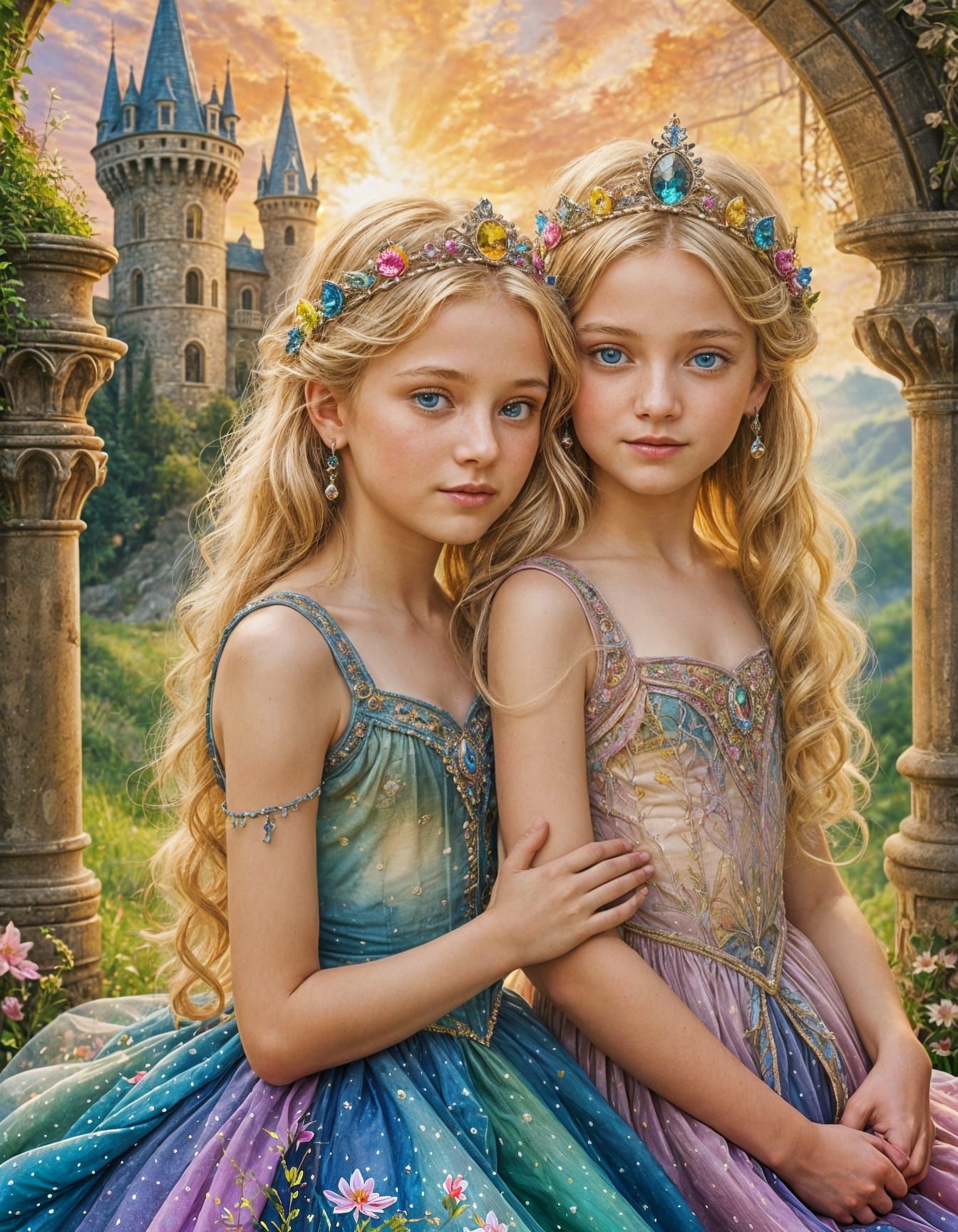 Two Little Princesses in Whimsical Fantasy Landscape