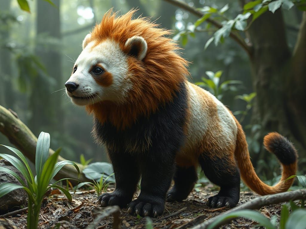 Mythical Panda Lion with Vibrant Orange Mane