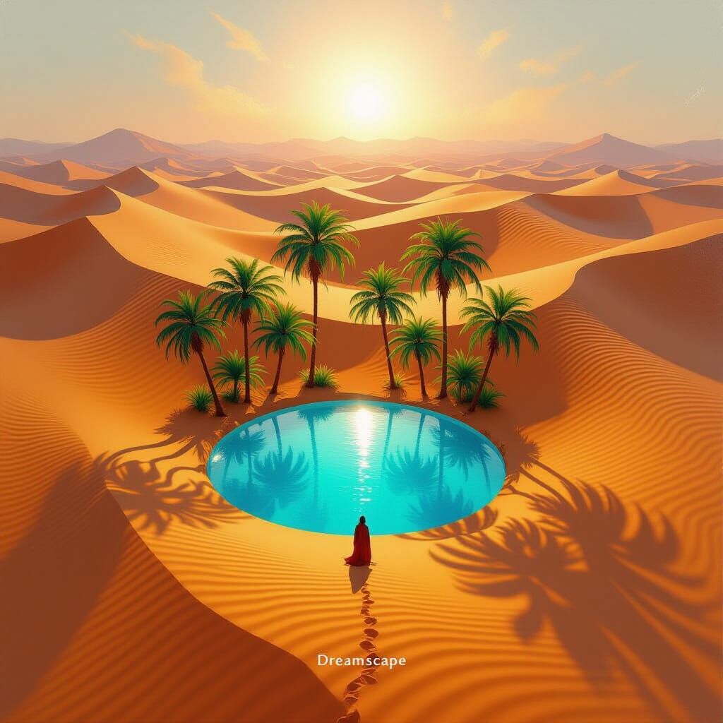 Glowing Blue Oasis in Desert Oil Painting