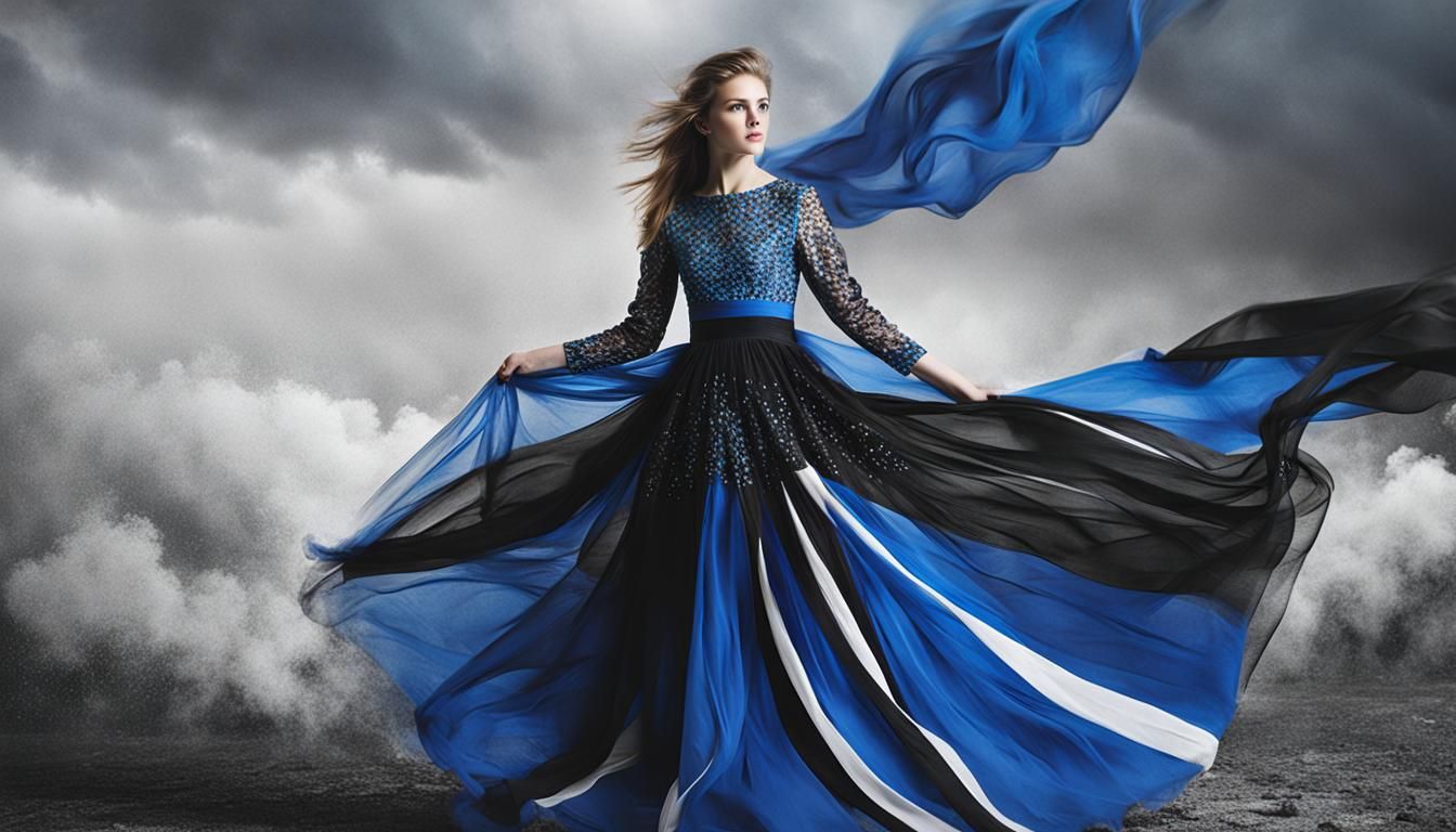 Elegant Girl in Blue Black White Ensemble