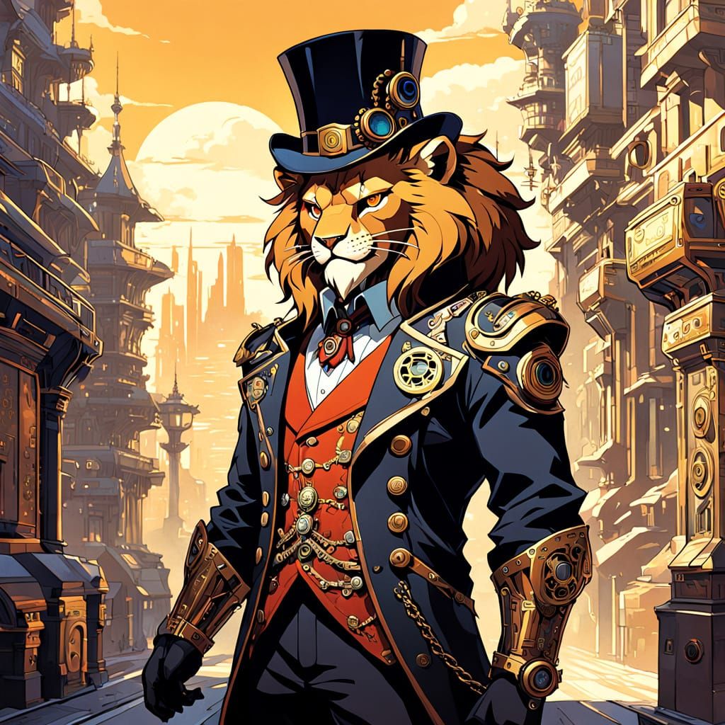 Steampunk Lion Man in Anime Cityscape
