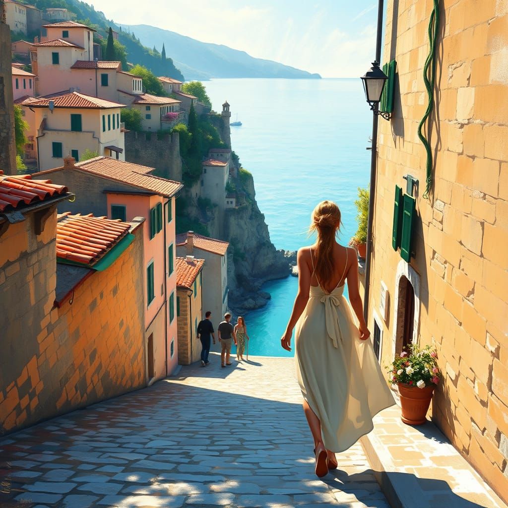 Landscape, street Italian town overlooking the sea
