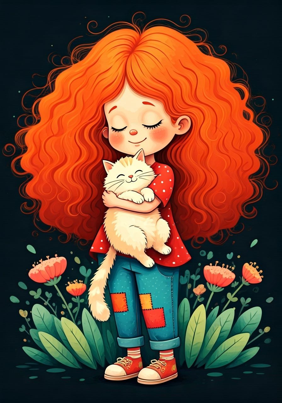 Cartoon Girl Hugs Fluffy Cat, Vivid Colors
