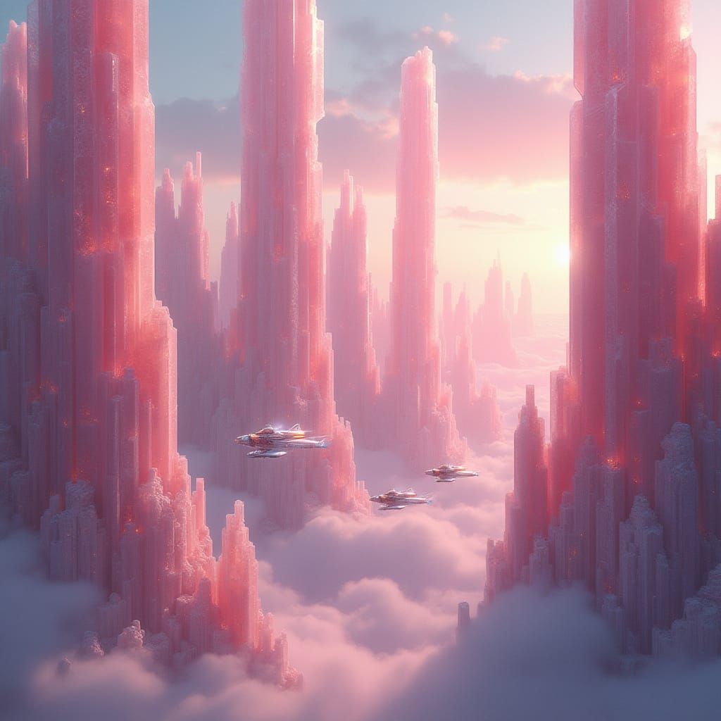 Rose Quartz Cityscape at Sunset in Futuristic Style