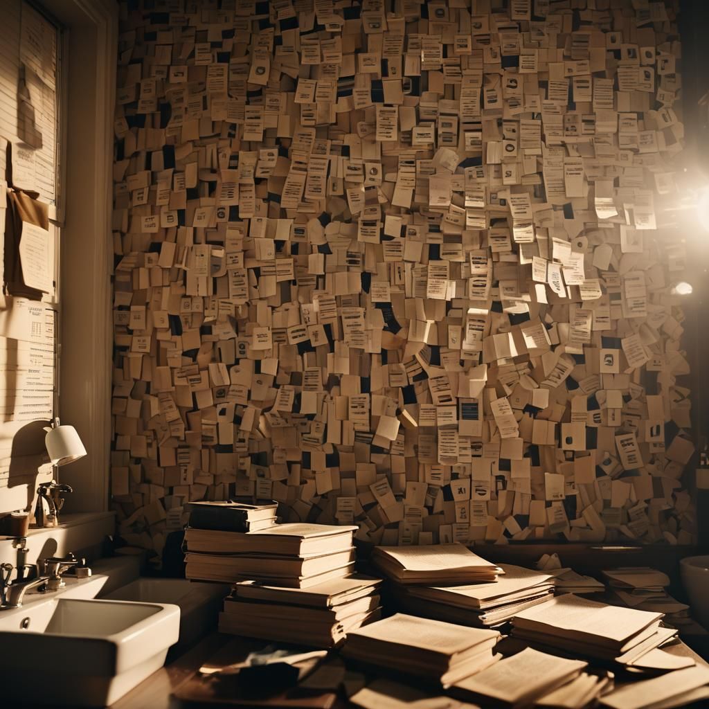 Moody Bathroom Filled with Books and Numbers in Cinematic St...