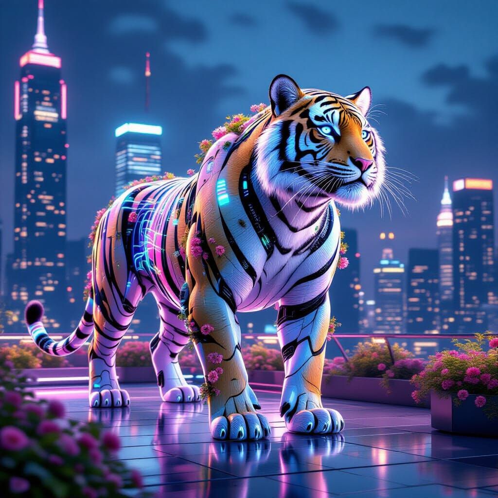 Biomechanical Tiger in Futuristic City