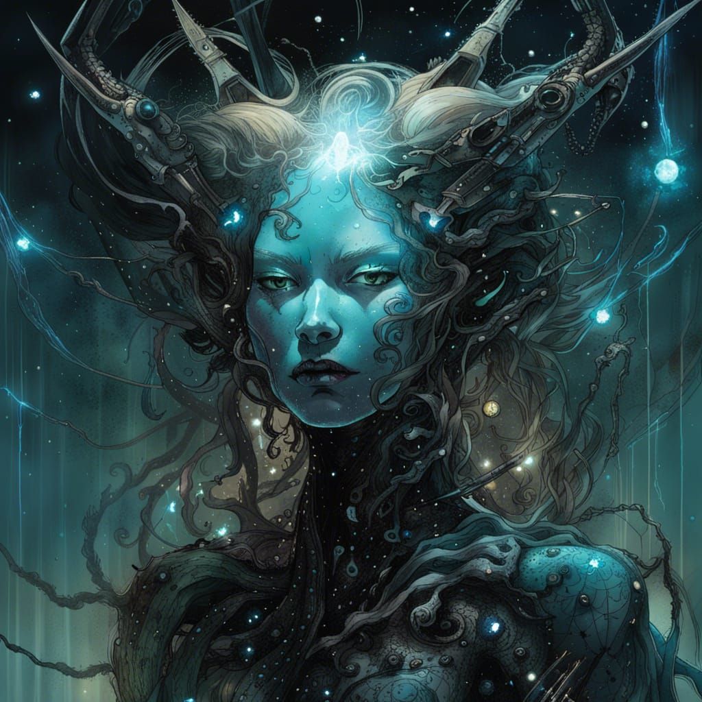 Intricate Demon Princess Unfurls from a Glowing Galaxy