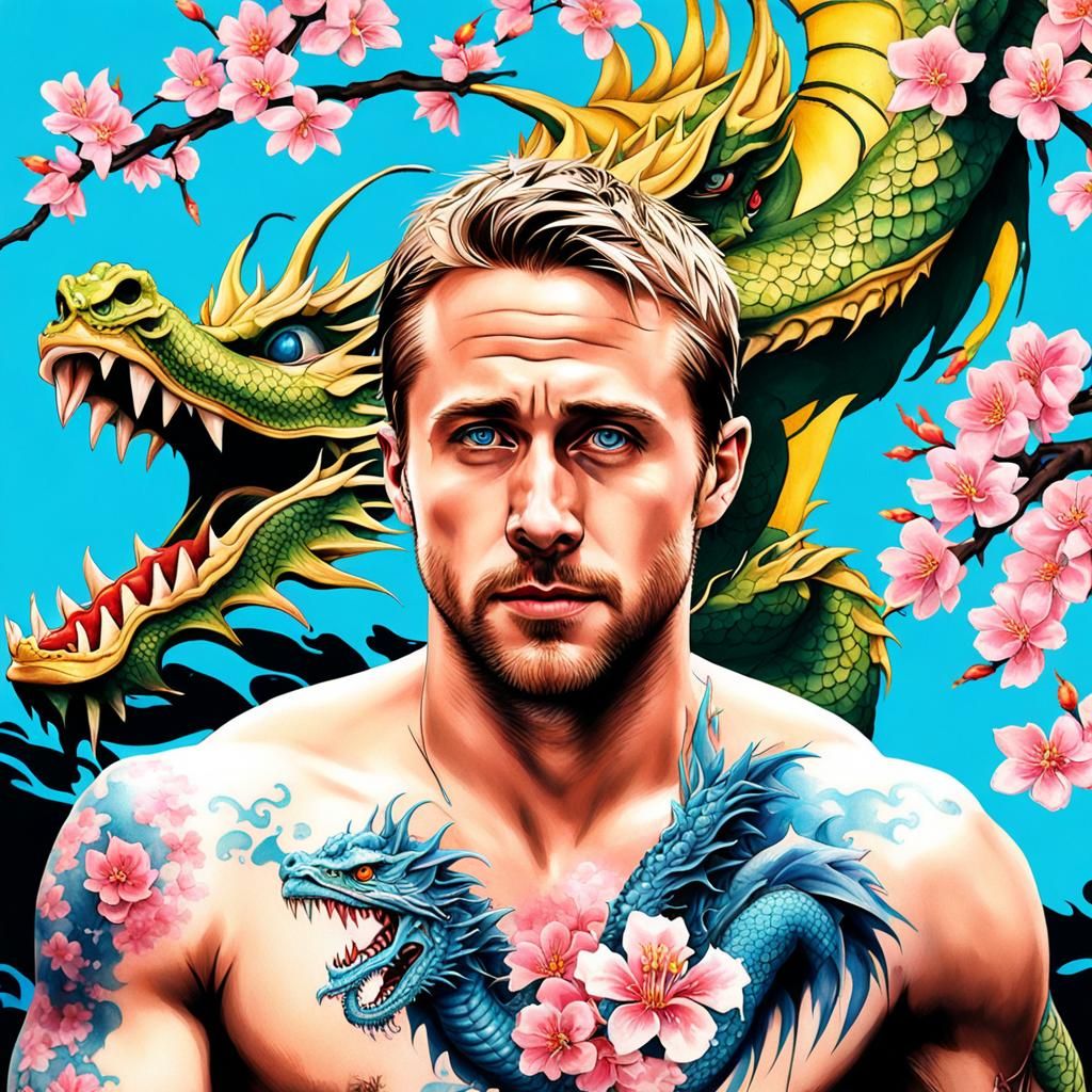 Bright Blue-Eyed Japanese Dragon Tattooed Hero in Cherry Blo...