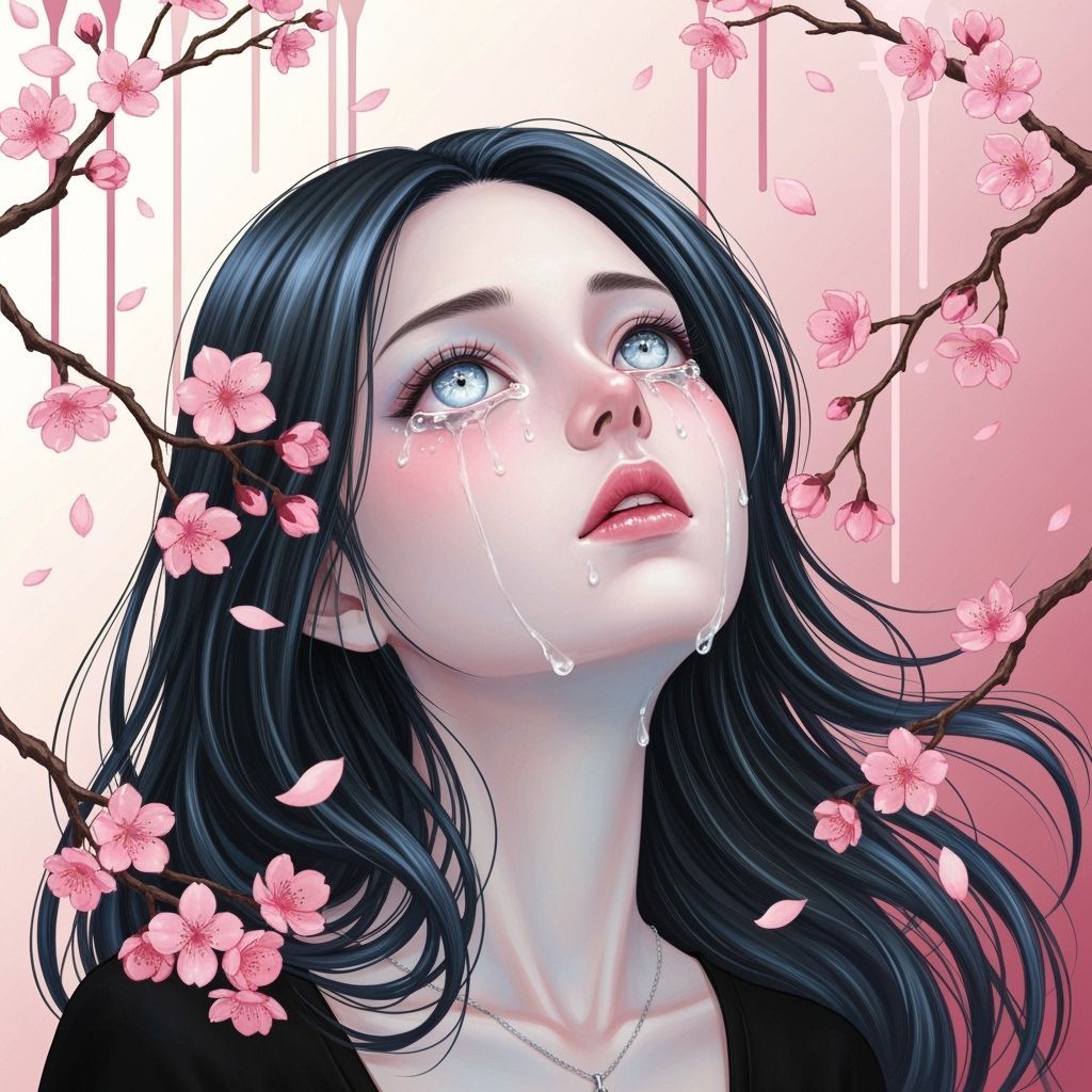 Sad Manga Portrait with Cherry Blossoms