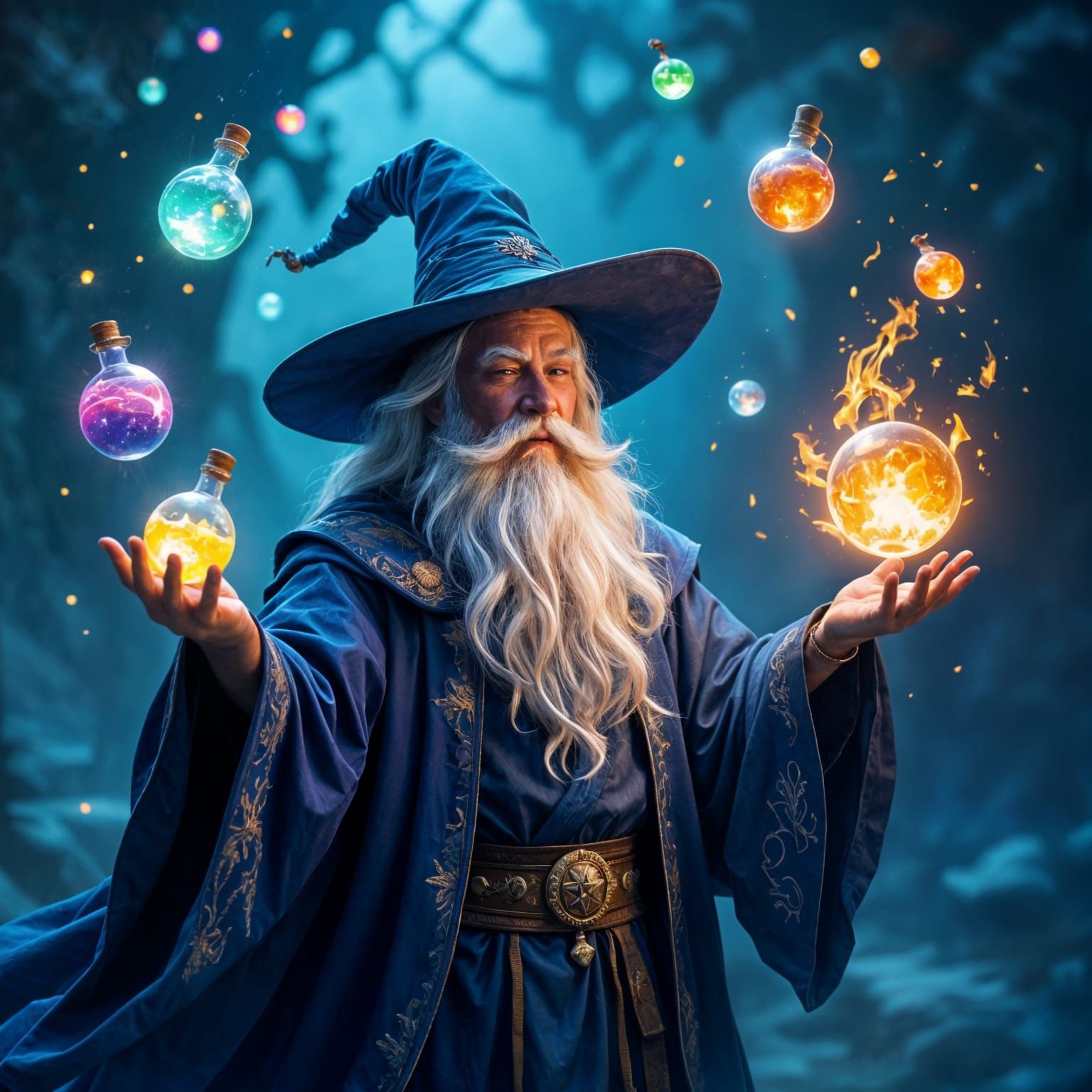 Wizard Juggles Fire and Magic Sauce Vials