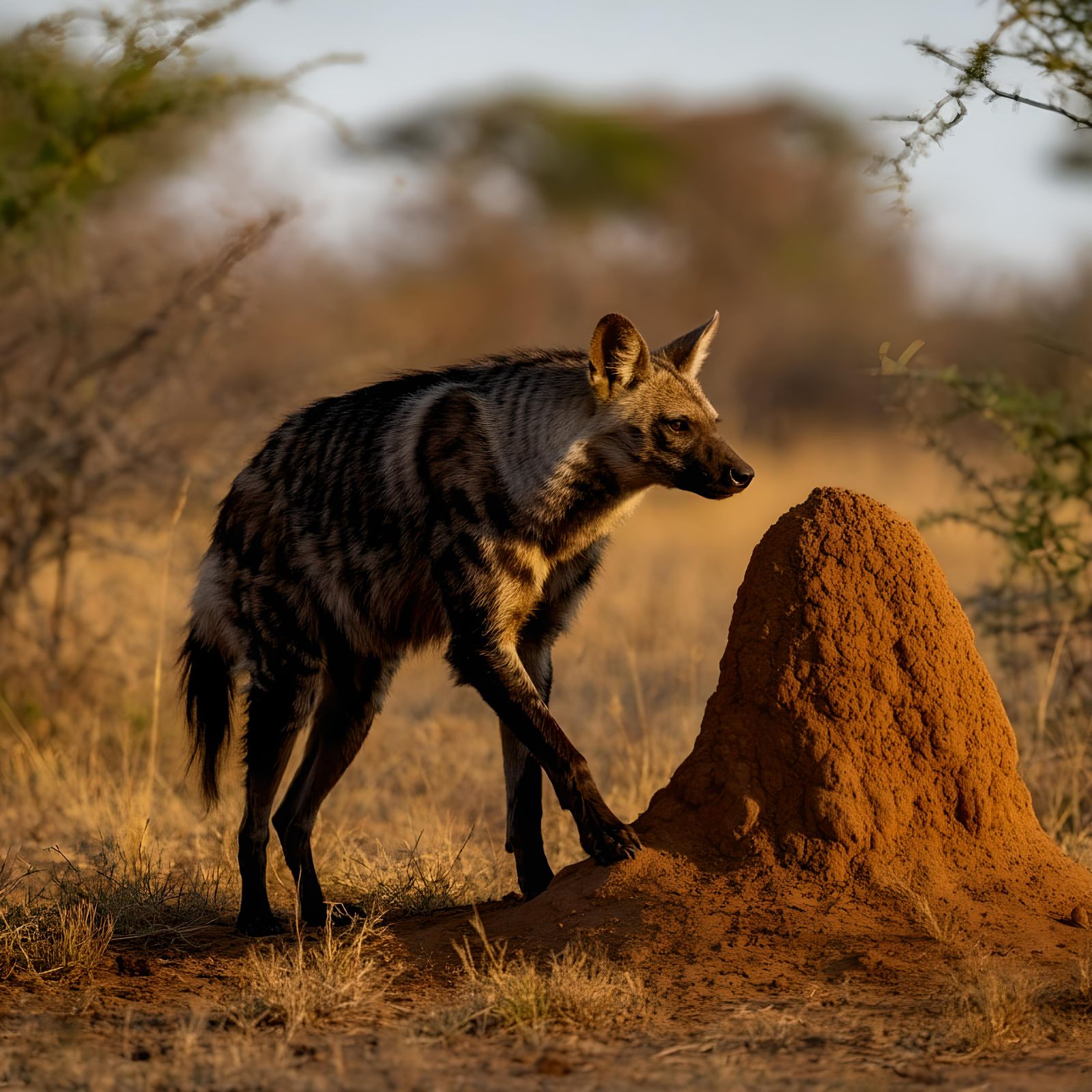 Aardwolf Pawing Termite Mound at Sunset, South Africa