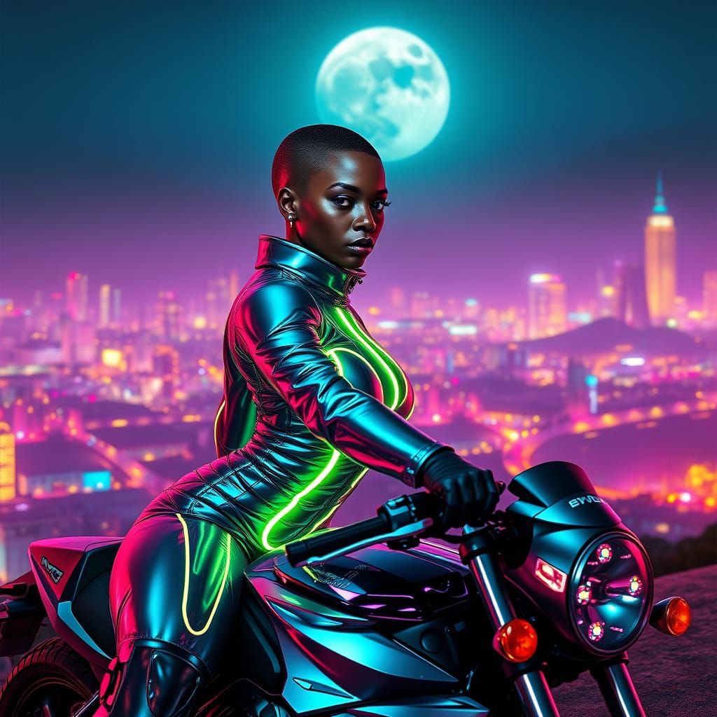 Cyberpunk Goddess on Chrome Bike Under Full Moon