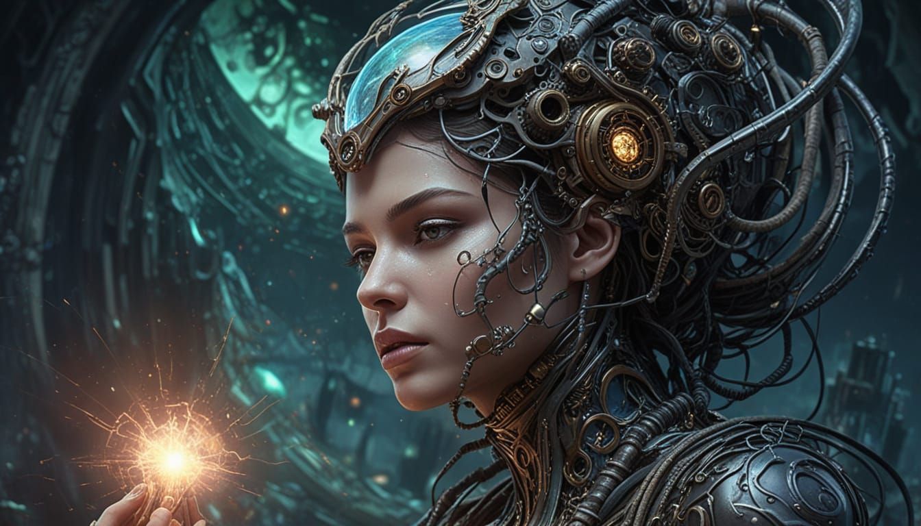 Cybernetic Woman Head in Steampunk Art Deco Style