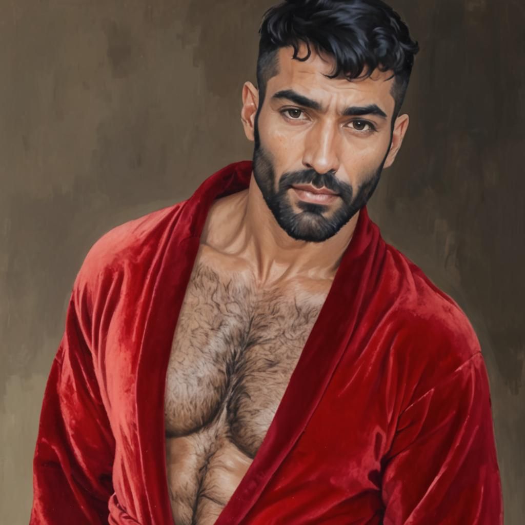 Epic Male Portrait in Red Velvet Bathrobe with Hirsute Body