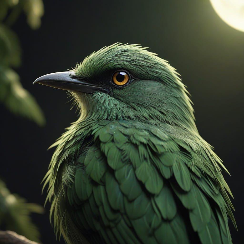 Green Bird on Crescent Moon in Fantasy Style