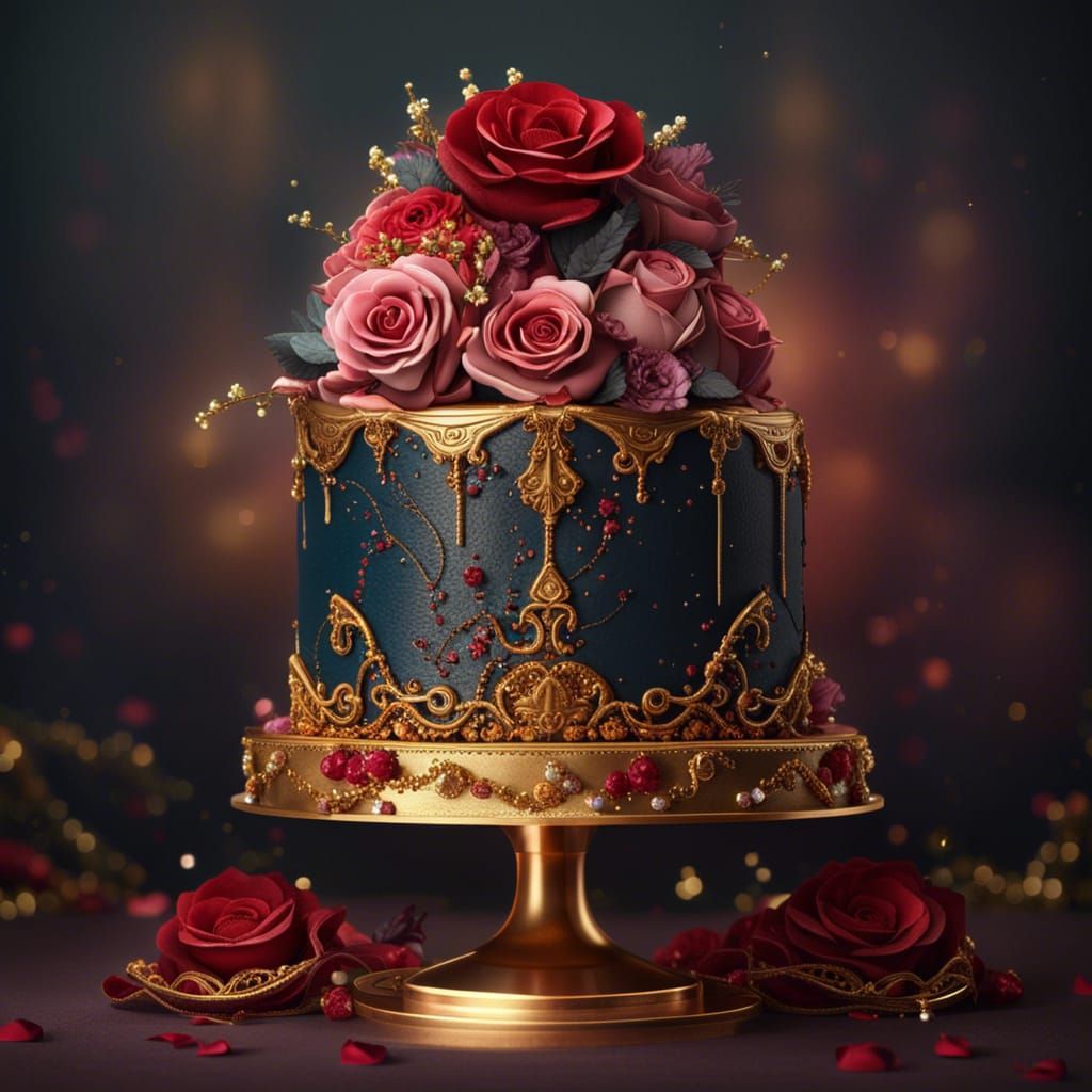 Fantastical Wedding Cake with Golden Accents and Roses in In...