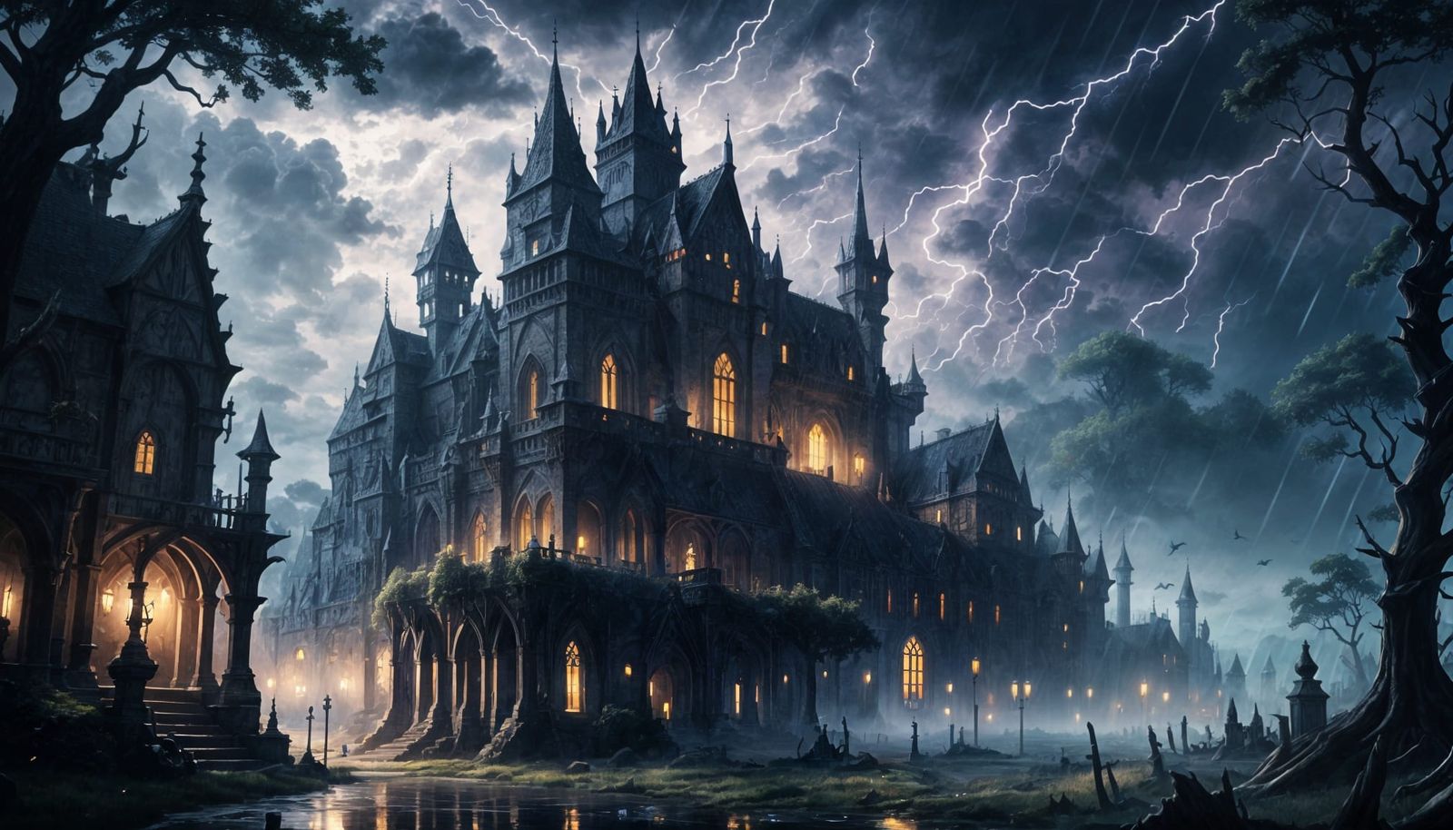 Gothic Fantasy Village Under Dark Stormy Skies in Flat Anime...