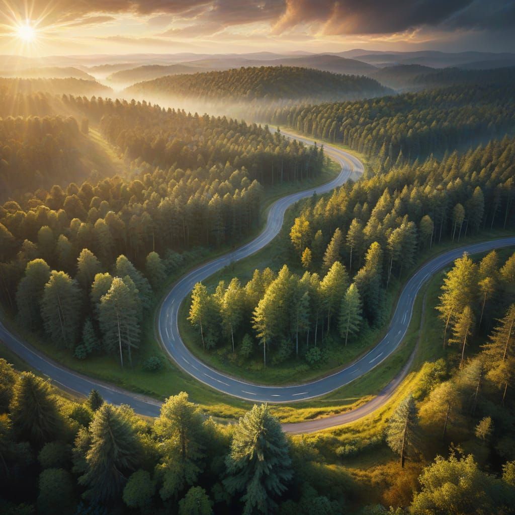 Panoramic Forest Road in Vibrant Oil Painting Style