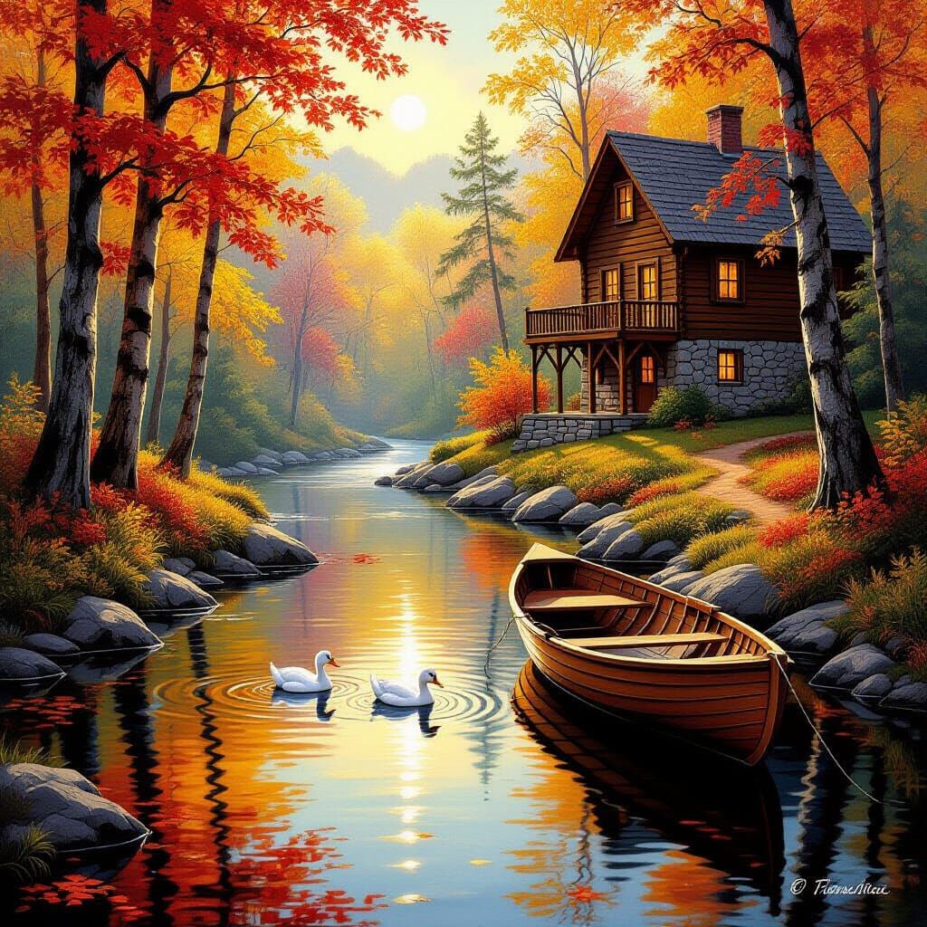 Autumn Forest Cabin by Meandering Stream