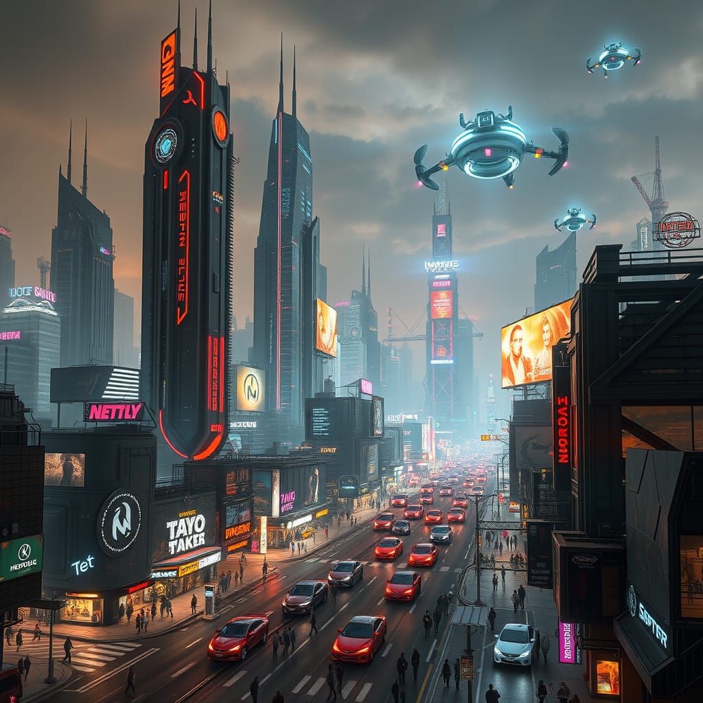 Cyberpunk Cityscape Illuminated by Neon Lights and Holograms