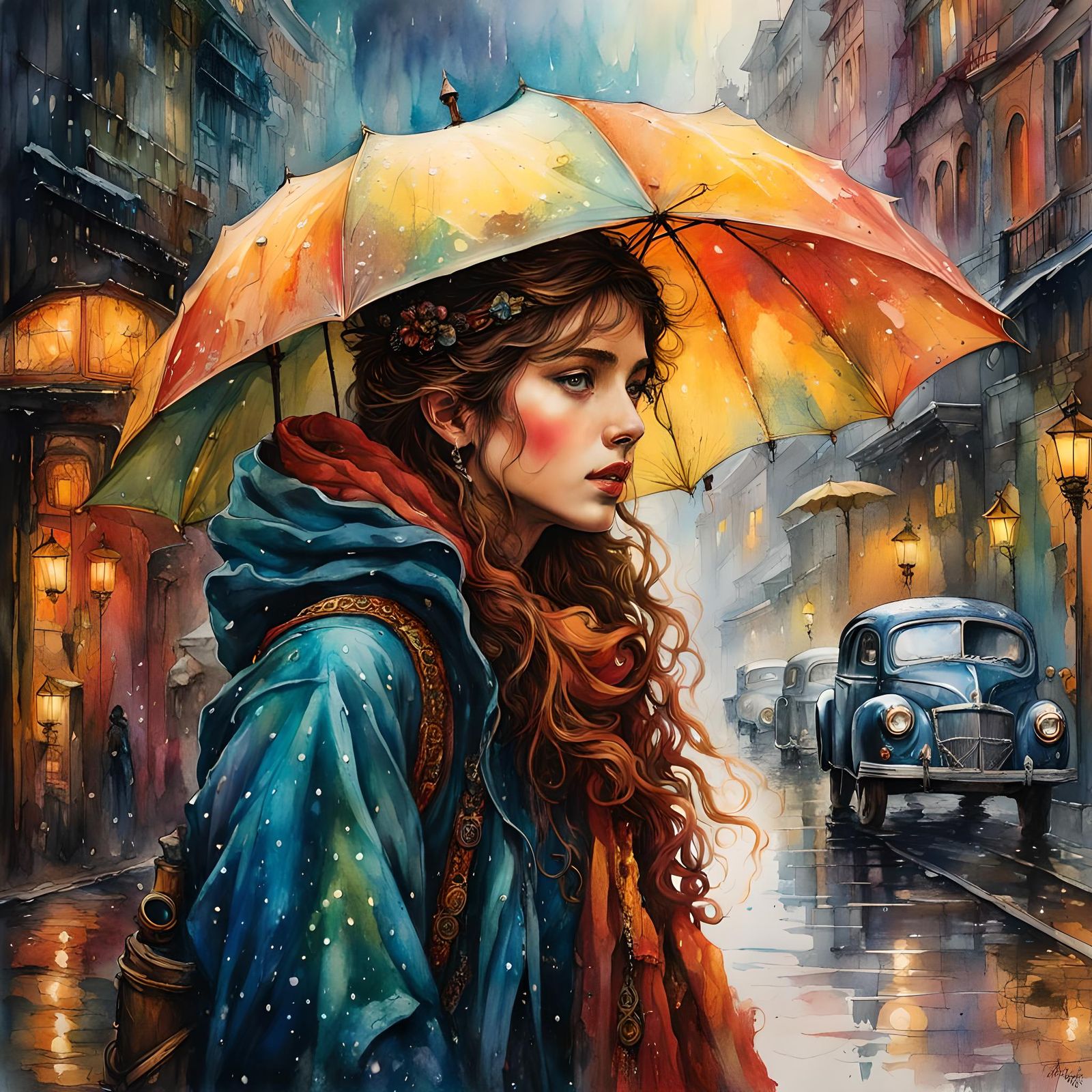 Surreal Watercolor Scene in Retro Aetherpunk Style