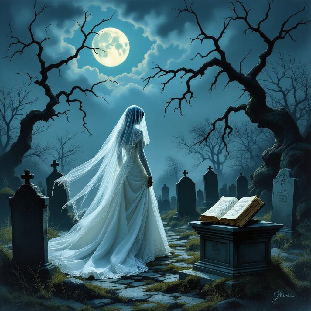 Spectral Bride Haunts Moonlit Graveyard in Gothic Horror Sty...
