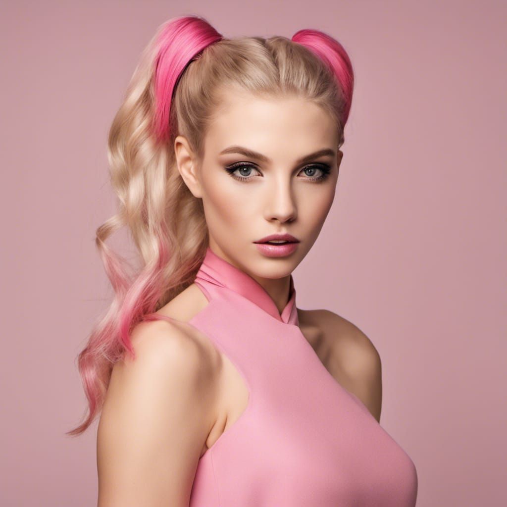 Glamorous Pink Ponytails in a Vibrant Pink Dress