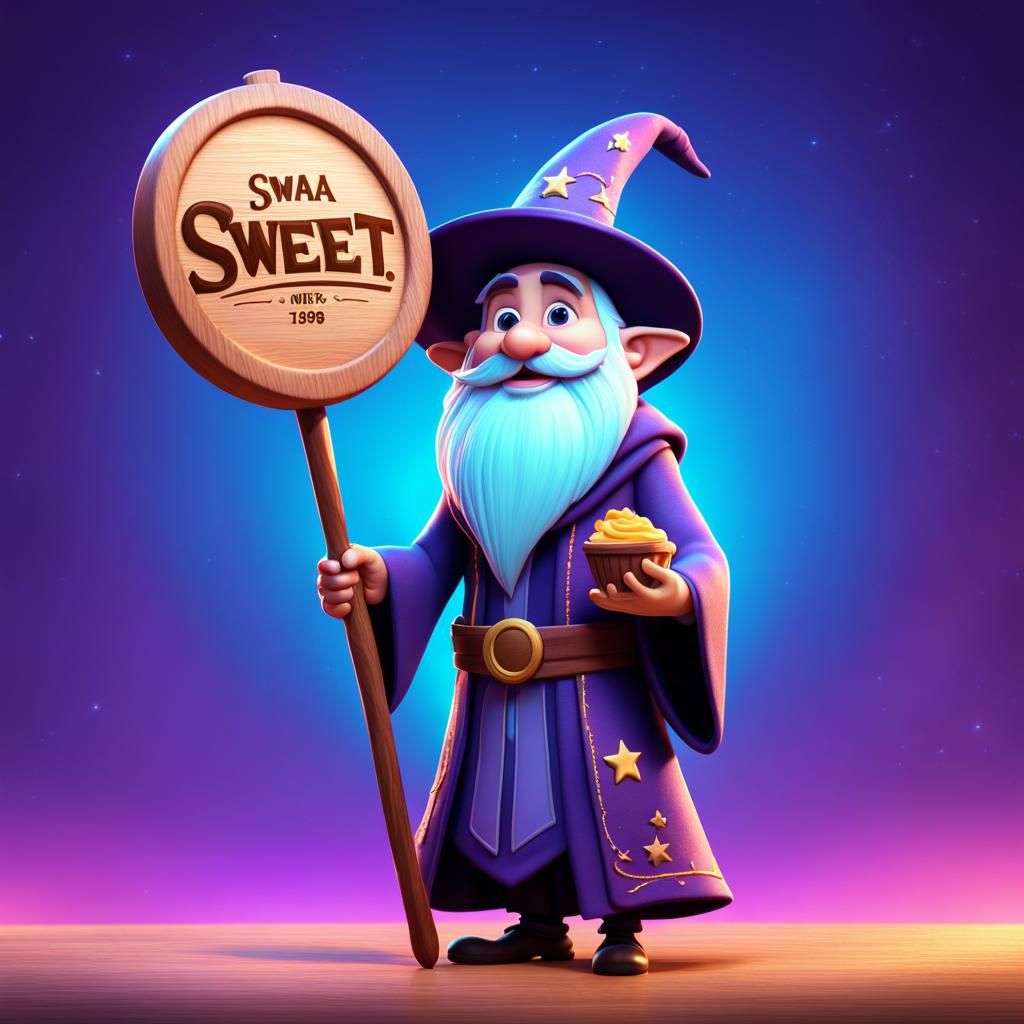 Enchanted Wizard Holds Up 'Sweet!' Sign in Bright, Colorful...
