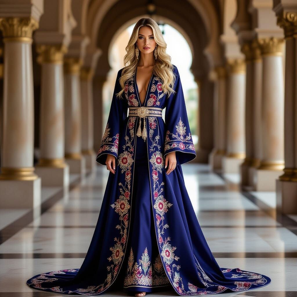 Blonde Model in Jewel-Toned Abaya, Editorial Fashion