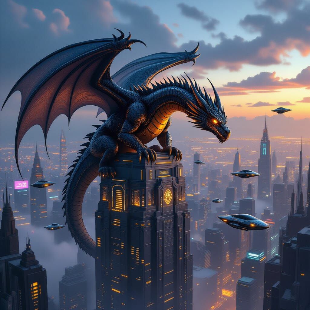 Ancient Dragon on Neon Skyscraper in Cyberpunk City