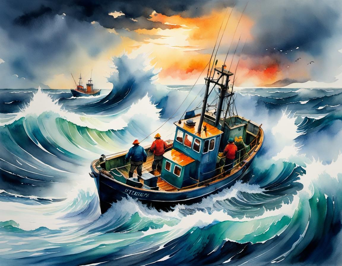 Stormy Sea Landscape in Vibrant Watercolor