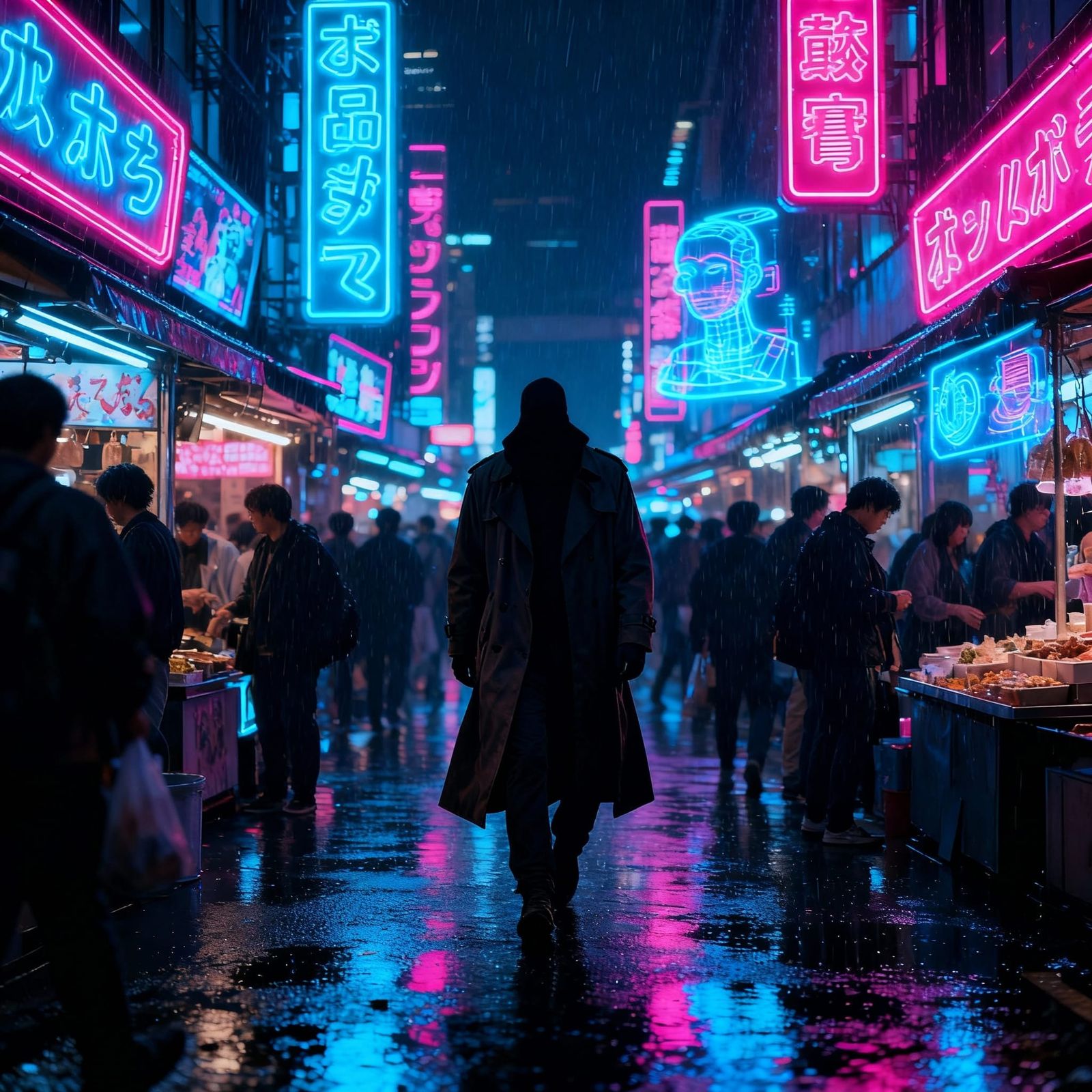 Cyberpunk Street Market at Night in Dystopian Style