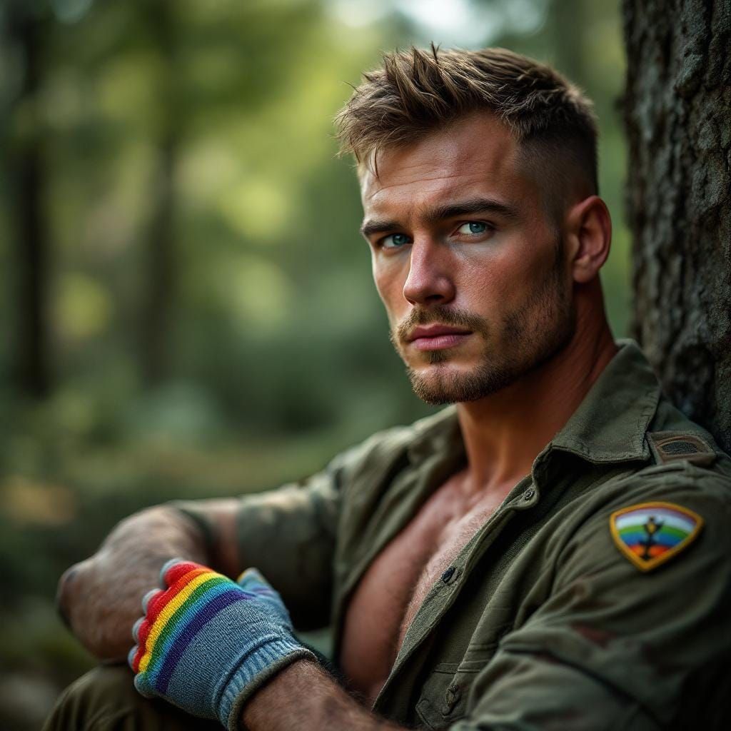 Handsome Soldier with Rainbow Armband in Photo