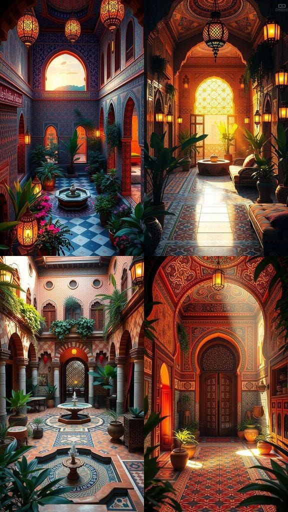 Surreal Moroccan Riad Interior in Deep, Vibrant Colors