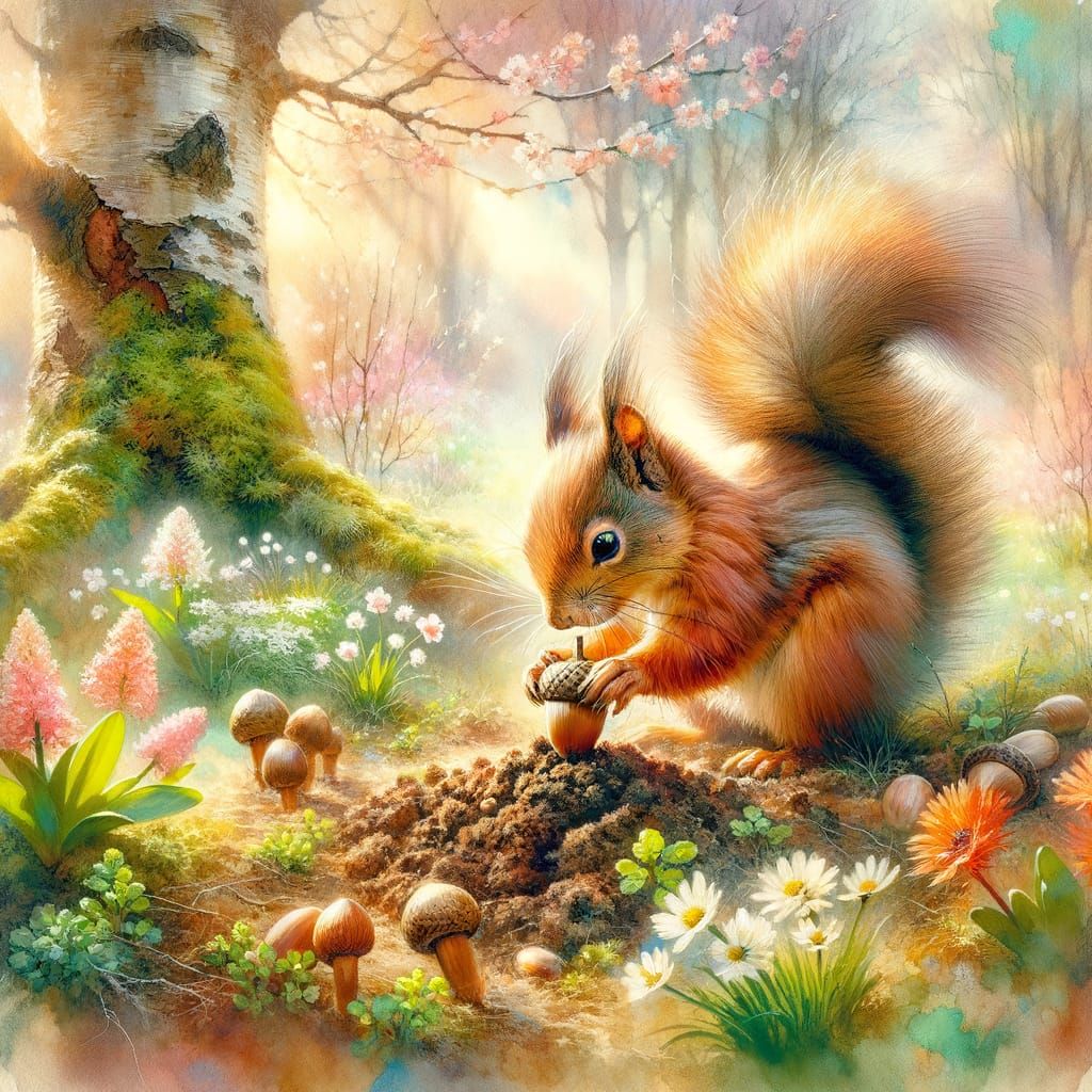 Squirrel Burying Acorn in Spring Soil, Mixed Media