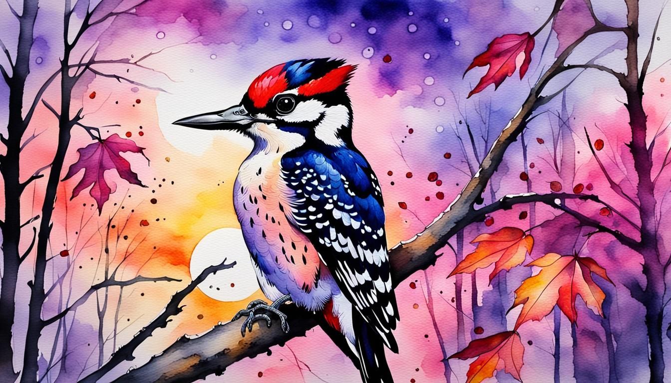 Autumn Woodpecker Amidst Vibrant Sunset