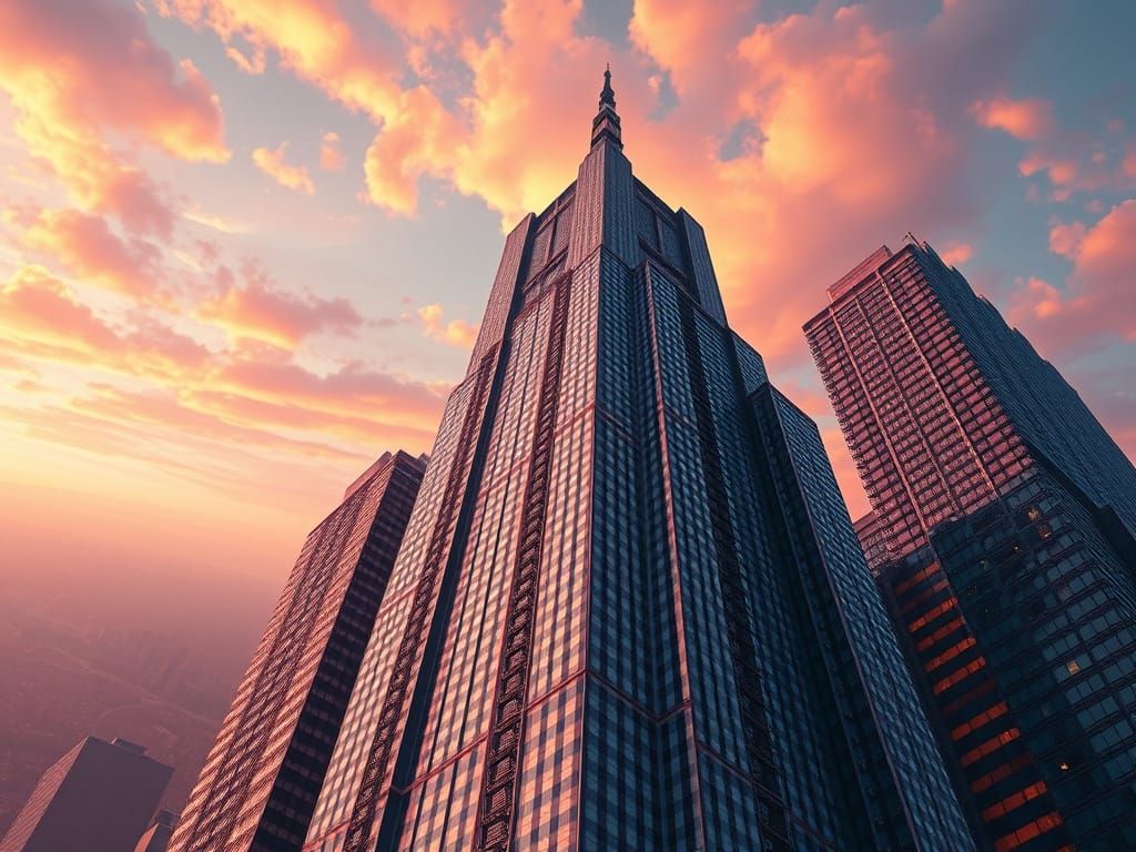 Gingham Print City Tower in Epic Matte Painting Style