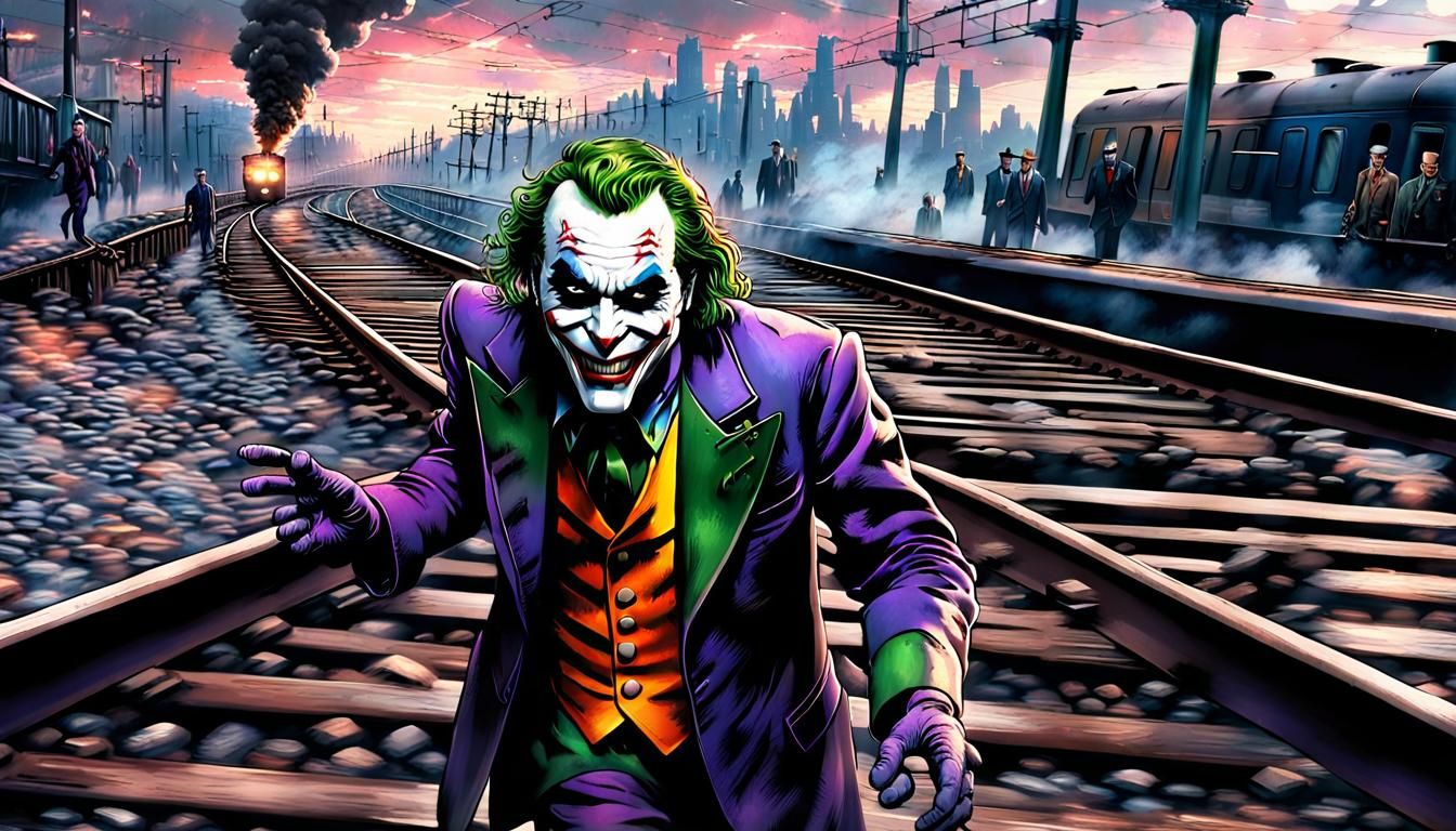 Cyberpunk Joker Conducts Train Through War-Torn Landscape