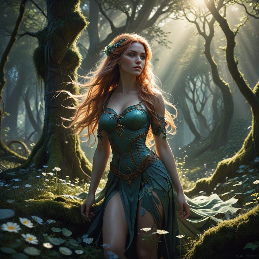 Scandinavian Goddess Descends in Ancient Forest: Photorealis...